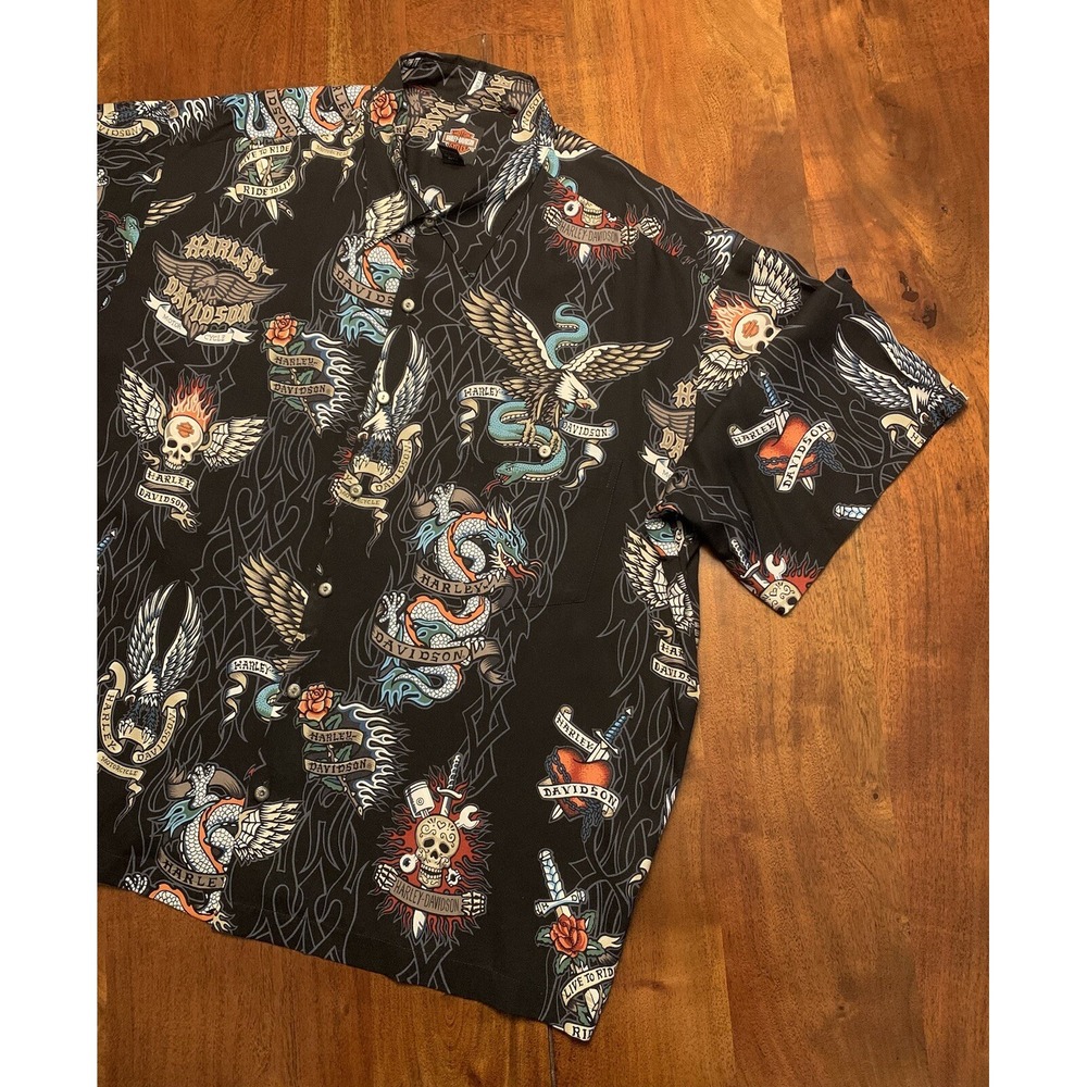 Vintage Harley Davidson Camp Shirt Mens 2XL Viscose Tattoo All Over Print USA